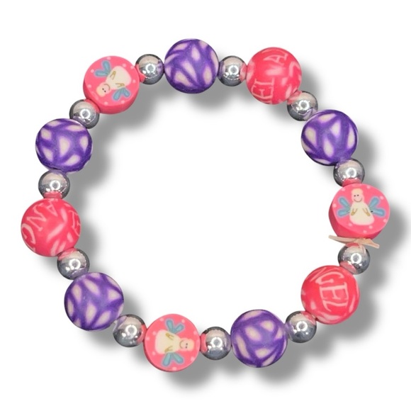 Vintage 90s Children’s Bracelet Neon Pink Angel Image Purple Accent 6” Length - Picture 1 of 10